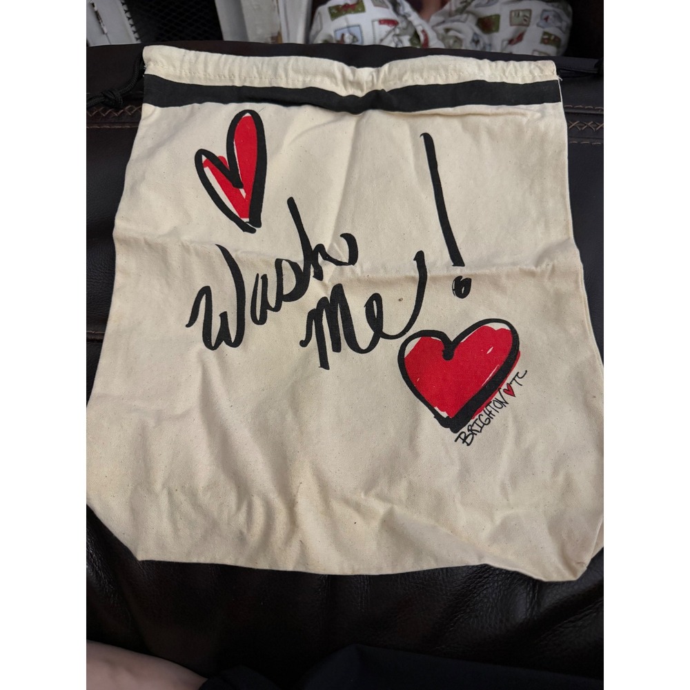 Brighton Wash Me Canvas Laundry Bag Cream Red Heart Travel Drawstring Pouch